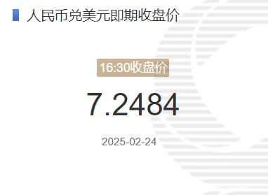 2月24日人民币兑美元即期收盘价报7.2484 较上一交易日下调70个基点